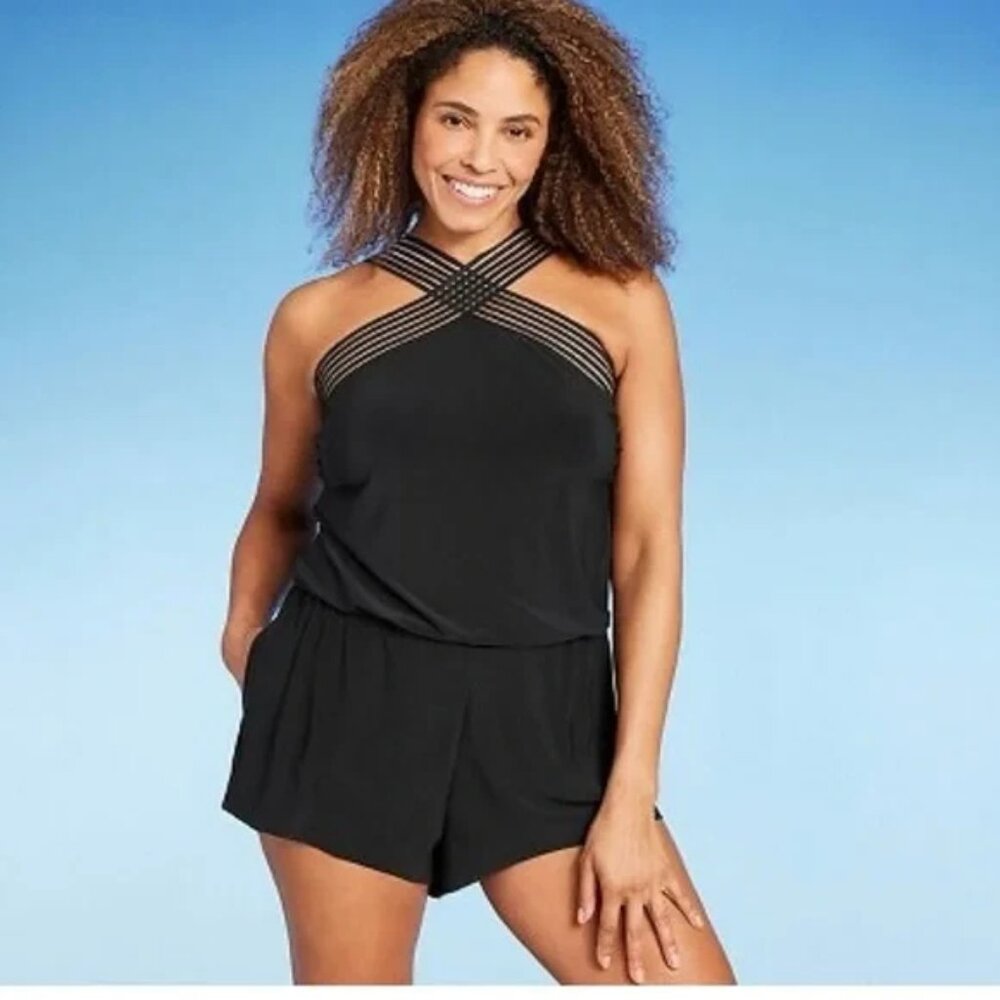 Aqua Green Women's Black Crossover Detail Cover Up Swimsuit Swim Romper Size 22